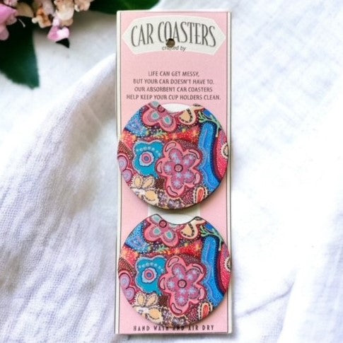 Car Cup Coaster Set of 2 Pastel Flowers