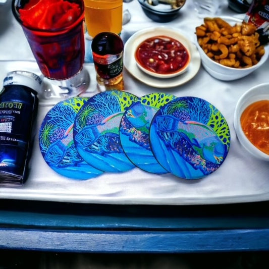 Drink Coaster Set of 4 Parrot Fish Non-Slip Round Neoprene Coasters, Original Art