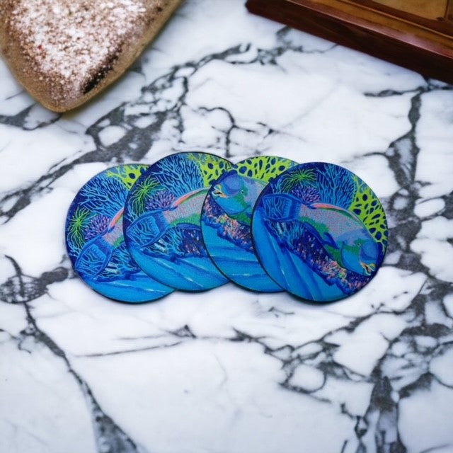 Drink Coaster Set of 4 Parrot Fish Non-Slip Round Neoprene Coasters, Original Art