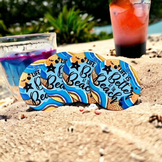 Drink Coaster Set of 4 Life is Better at the Beach Non-Slip Round Neoprene Coasters, Original Art