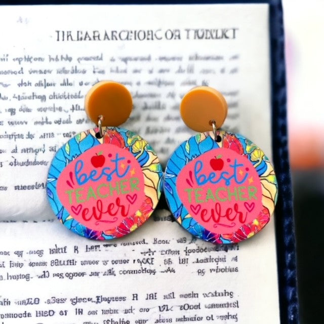 Earrings Wooden Best Teacher Ever Lotus with orange topper