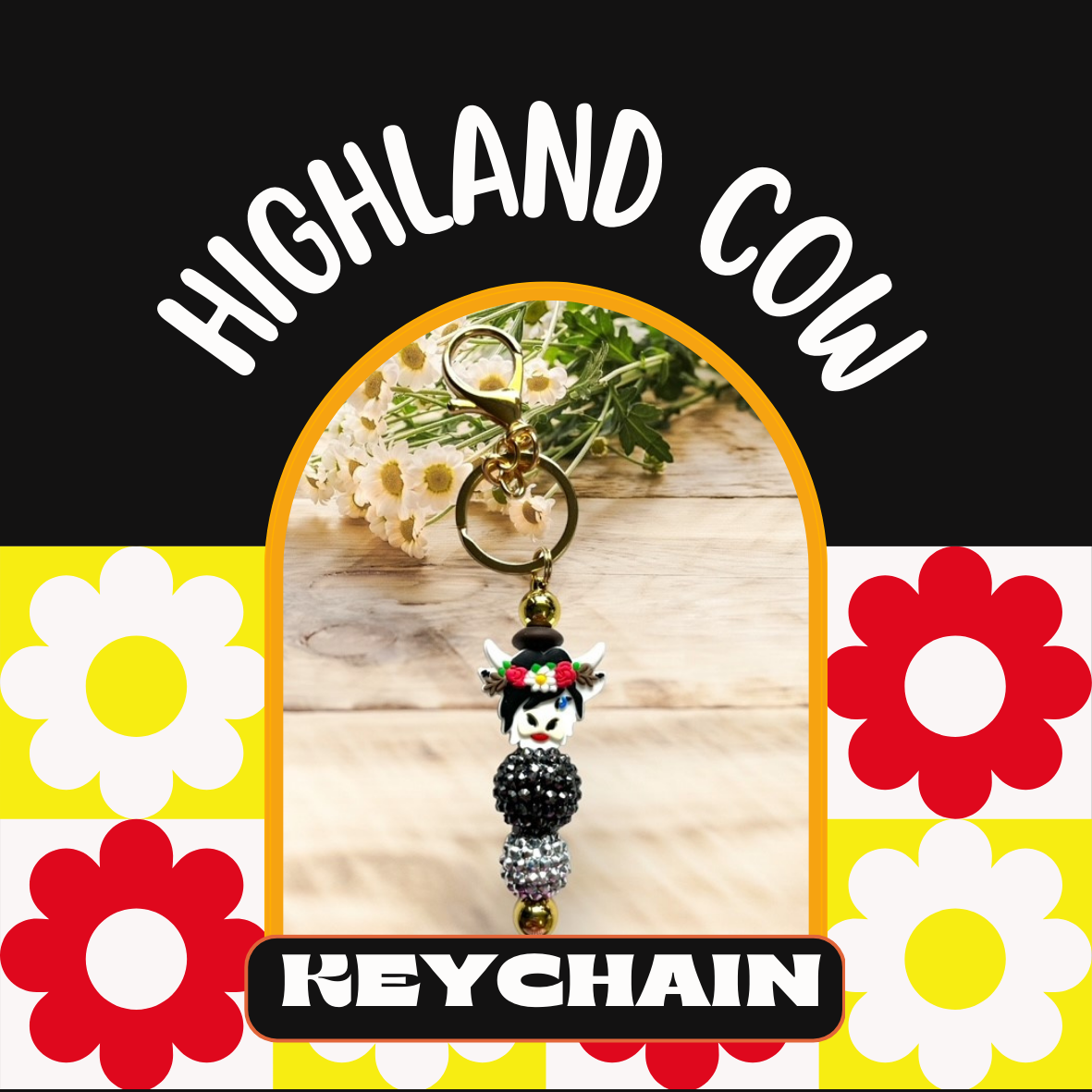 Highland Cow Beaded Keychain